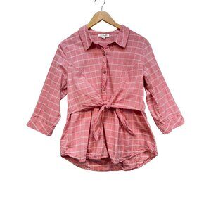 Simply Noelle Womens Plaid Button-Up Shirt Size L/XL Pink Tie-Front 3/4 Sleeves